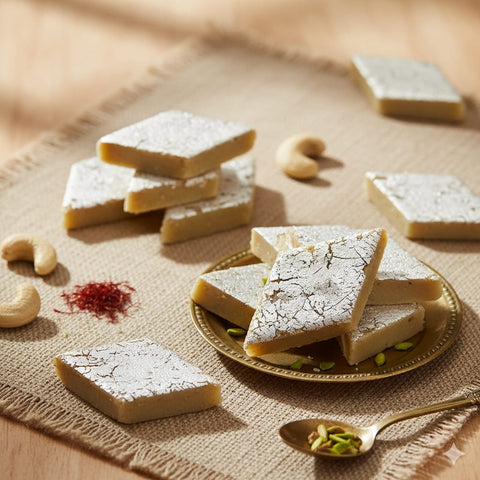 Traditional Kaju Barfi/Kaju Katli made with rich cashew paste and decorated with silver vark.